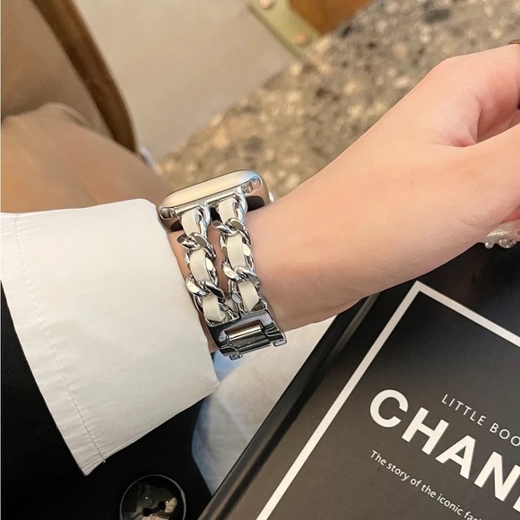 NEW Strap Silver White Chain Leather Stainless Band For Apple Watch - Picture 4 of 8